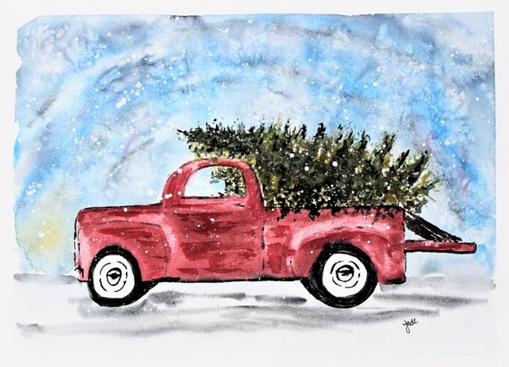 570x411 Old Fashioned Red Truck Christmas Watercolor Print Christmas