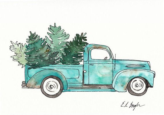 570x399 Vintage Truck And Christmas Trees, Original Watercolor Painting