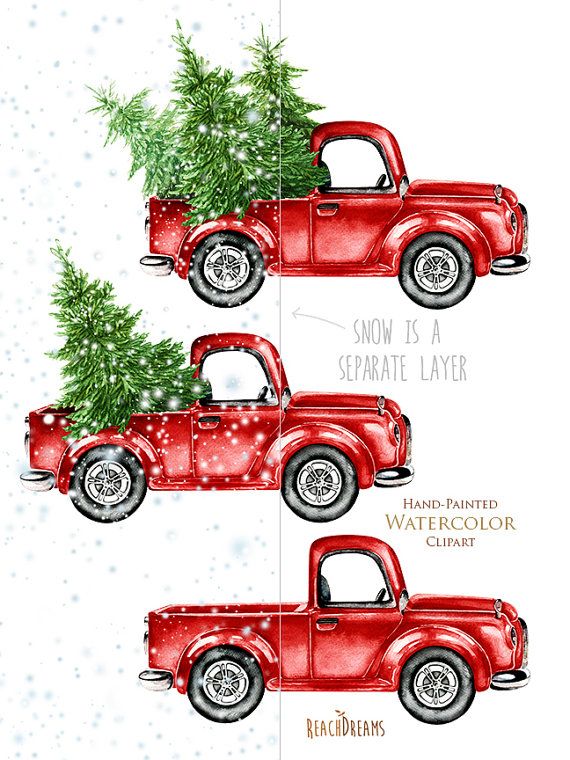 570x760 Watercolor Christmas Truck, Vintage Red Pickup, Pine Tree, Retro