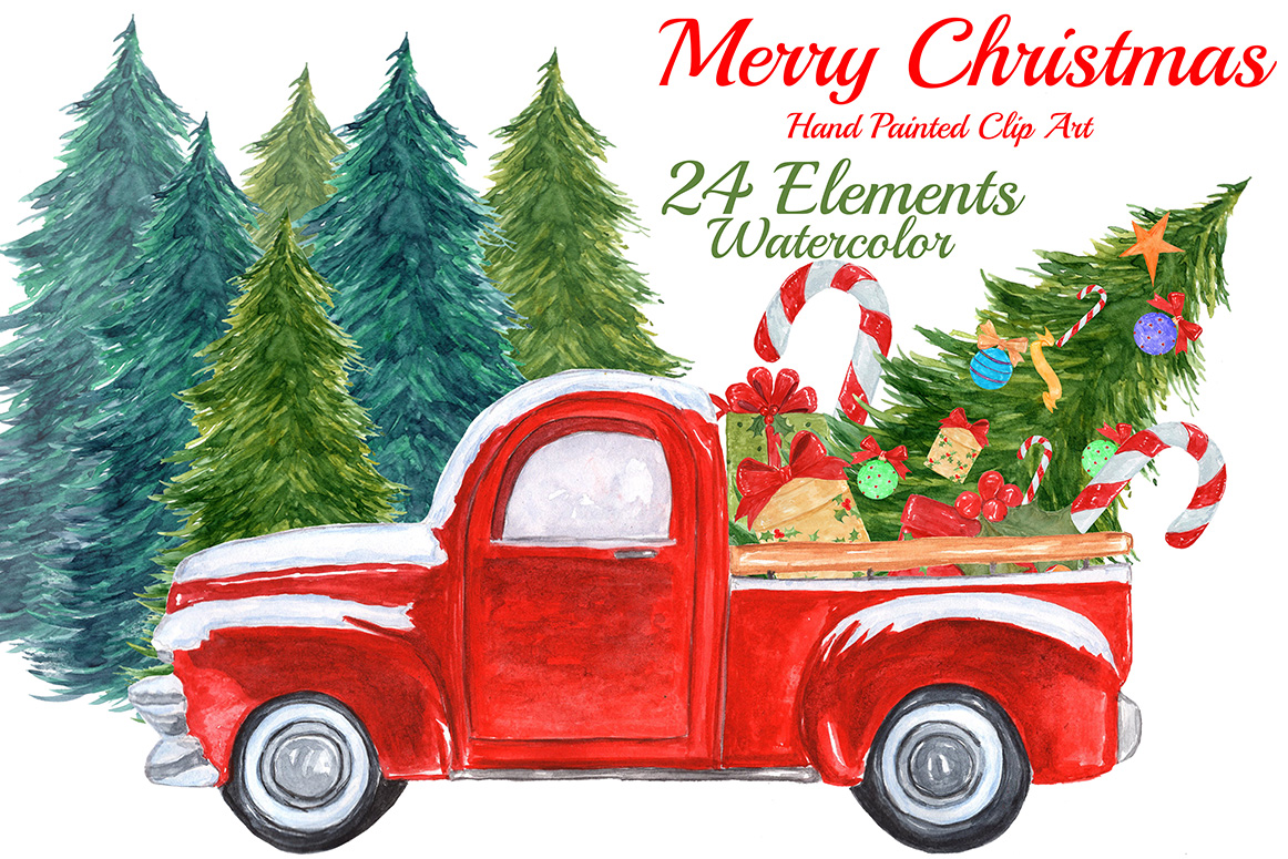 1162x775 Watercolor Christmas Truck Clipart