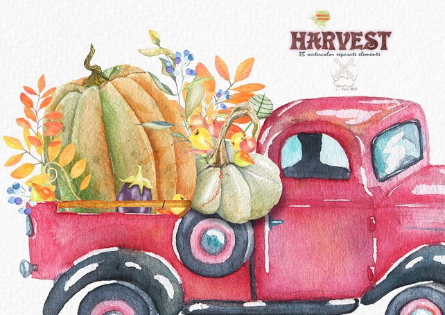 642x454 Autumn Harvest Watercolor Clipart Truck Watercolor Pumpkin Etsy