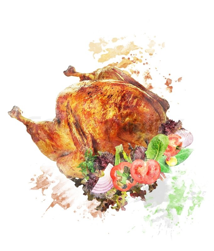 682x800 Watercolor Digital Painting Of Roasted Whole Turkey With Salad