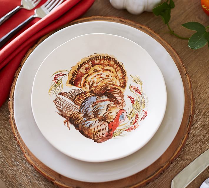 710x639 Watercolor Turkey Salad Plate, Set Of 4 Pottery Barn