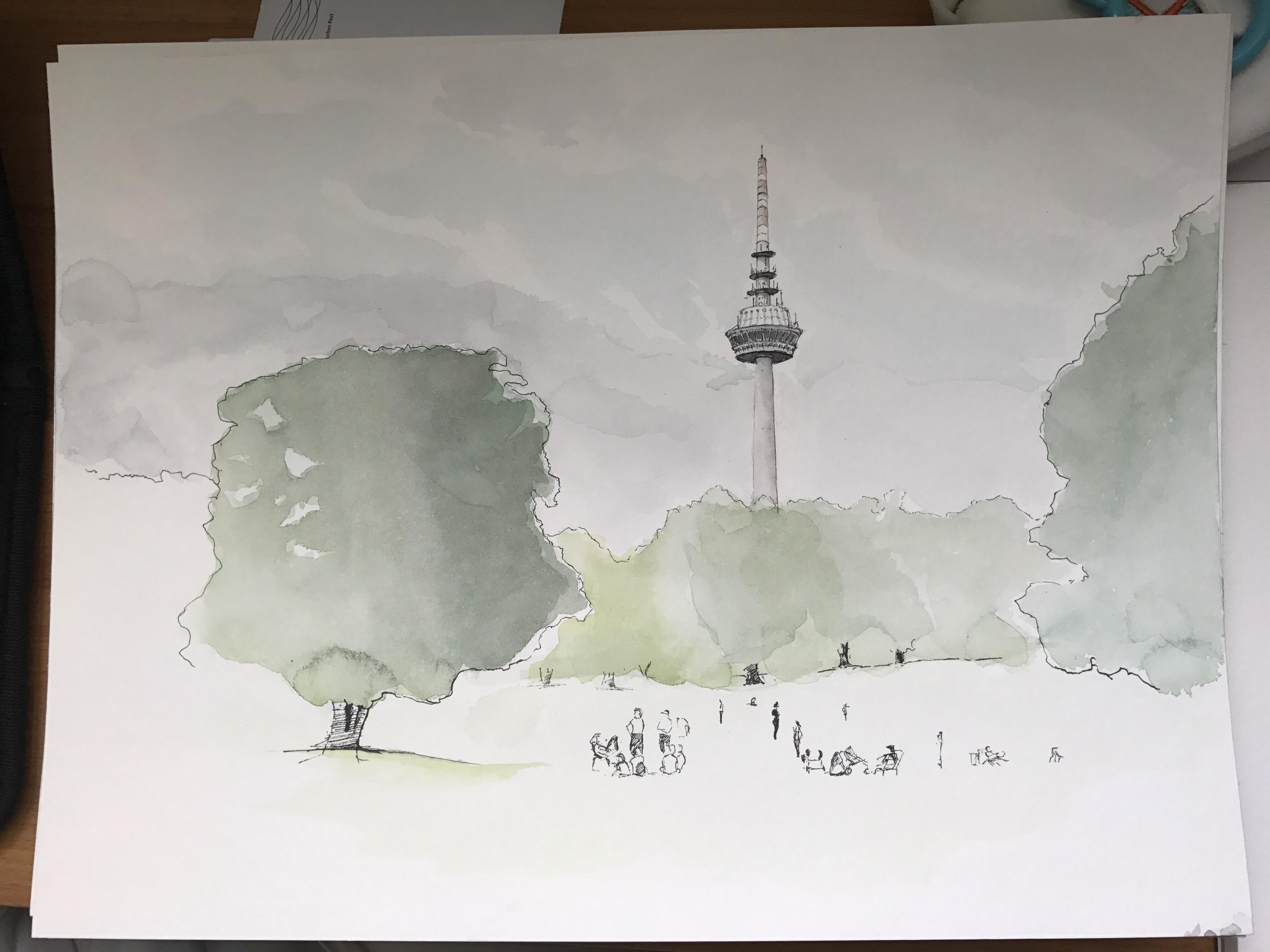4032x3024 Afternoon Sketch Of Tv Tower. Luisenpark, Mannheim. 30x40cm