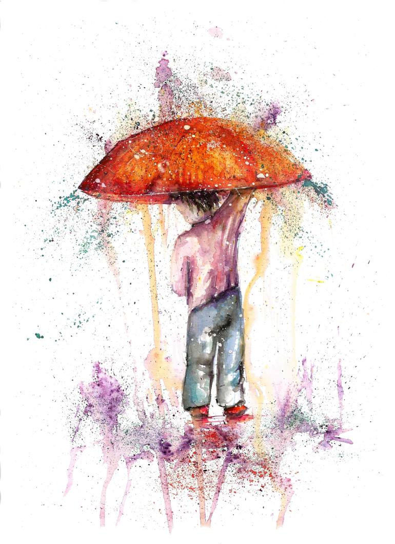 770x1059 Rainy Fantasy With Umbrella Watercolour Painting By Natalja
