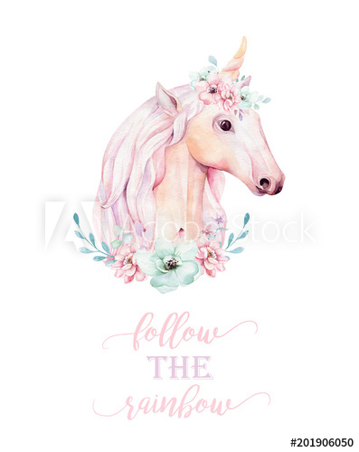 397x500 Isolated Cute Watercolor Unicorn Clipart With Flowers. Nursery
