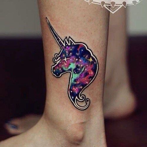 500x500 Watercolor Gothic Unicorn Tattoo On Side Leg