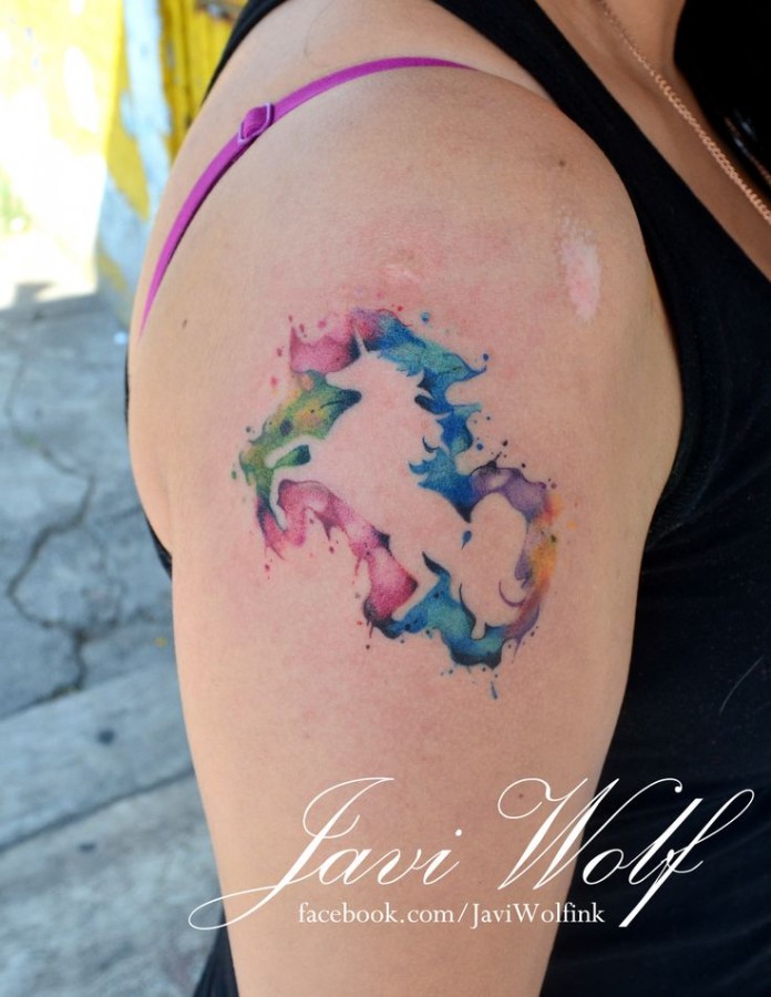 696x900 Watercolor Style Shoulder Unicorn Tattoo