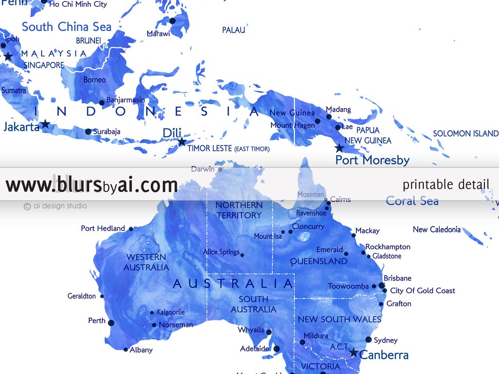 1024x768 Personalized World Map Printable Art In Blue Watercolor Effect