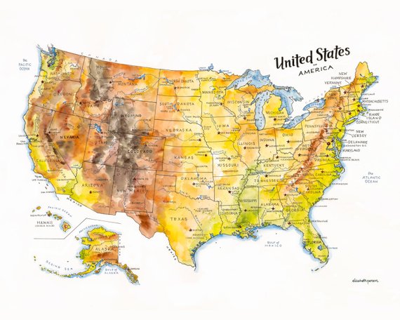 570x456 The United States Of America Map Watercolor Illustration Usa Etsy