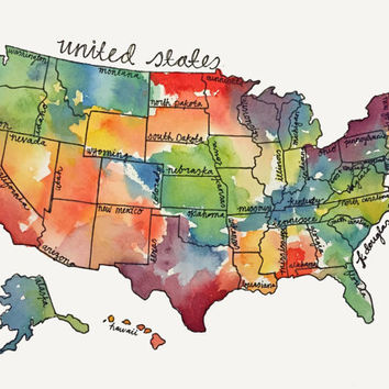 354x354 Watercolor United States Map Giclee From Kristindouglasart
