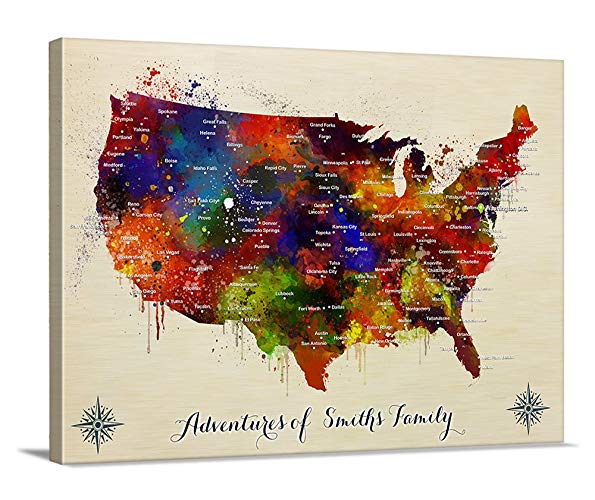 595x500 Watercolor Us Map Push Pin Wall Art Canvas Print