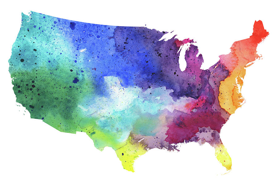 900x600 Map Of The United States With Watercolor Texture In Rainbow Colors