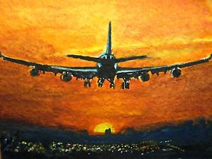 300x225 Watercolor Painting Sunset Airplane Take Off Plane Trip Vacations