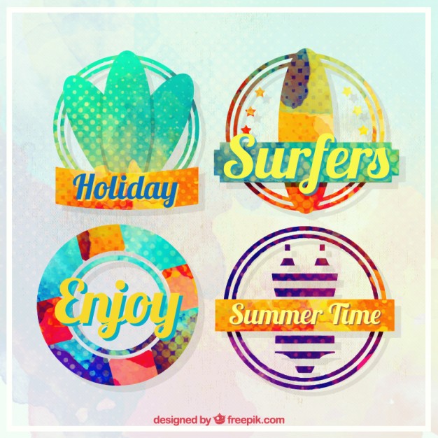 626x626 Watercolor Vacations With Surf Badges Vector Free Download