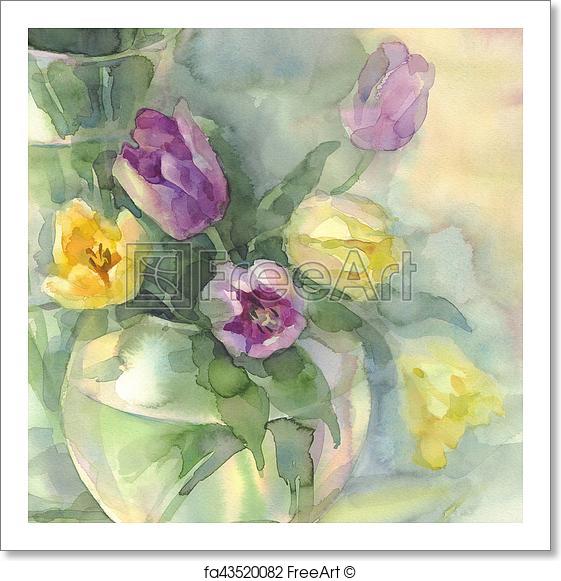 561x581 Free Art Print Of Color Tulips In Vase Watercolor. Color Tulips