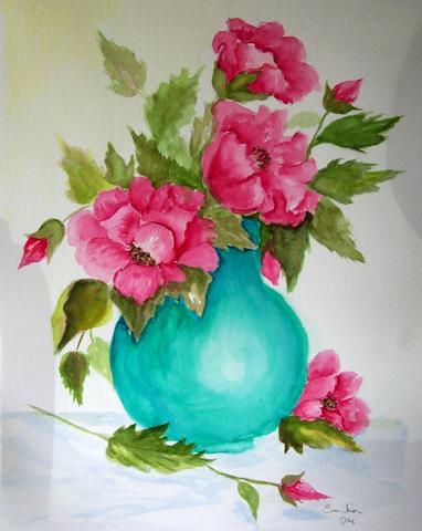 382x480 Red Poppies In Aqua Vase