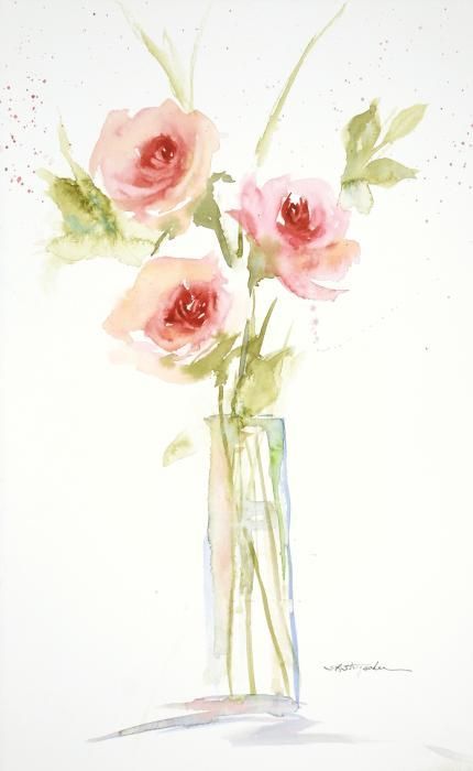 430x700 Three Roses In A Glass Vase~ Transparent Watercolor By Sandra L