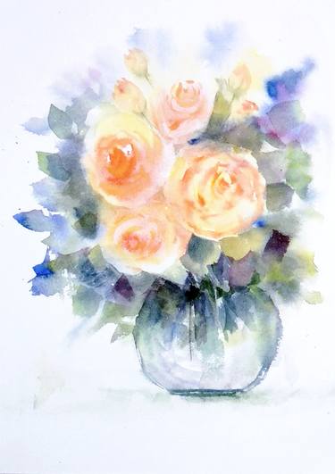 375x531 Cream Roses In A Vase Watercolor Painting Painting By Asudhaker S