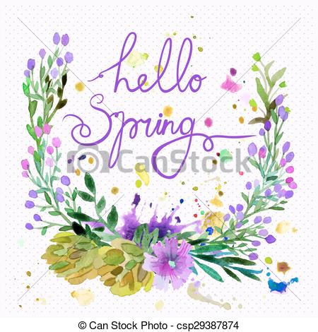 450x470 Watercolor Vector Wreath. Floral Frame Design With Text Hello