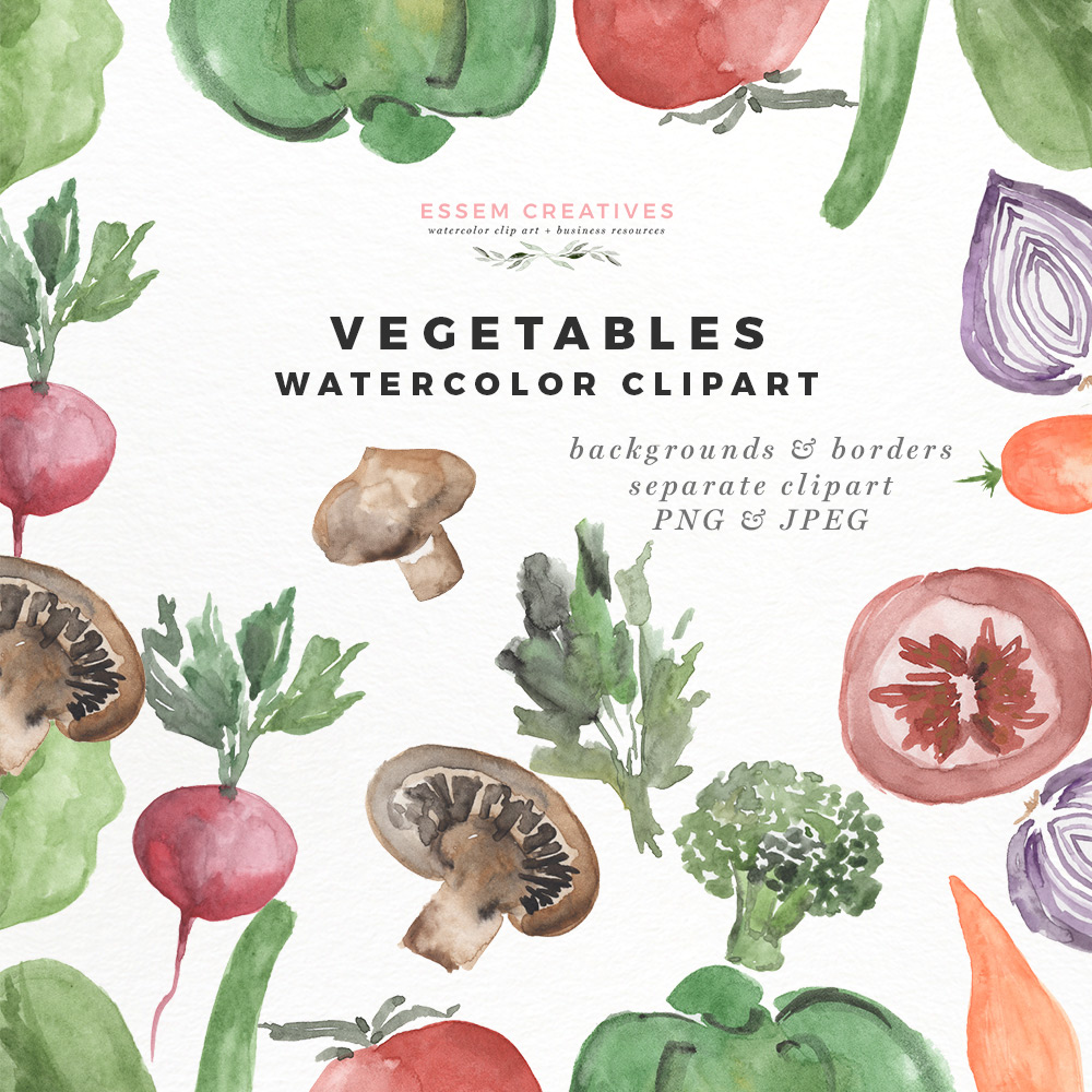 1000x1000 Watercolor Vegetables Clipart Menu Food Blog Branding Essem