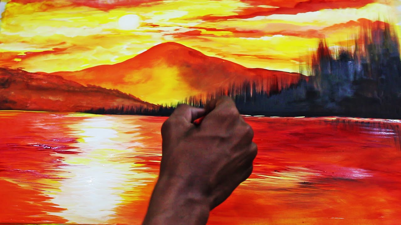 1280x720 Sunset Landscape Watercolor Painting Time Lapse Video