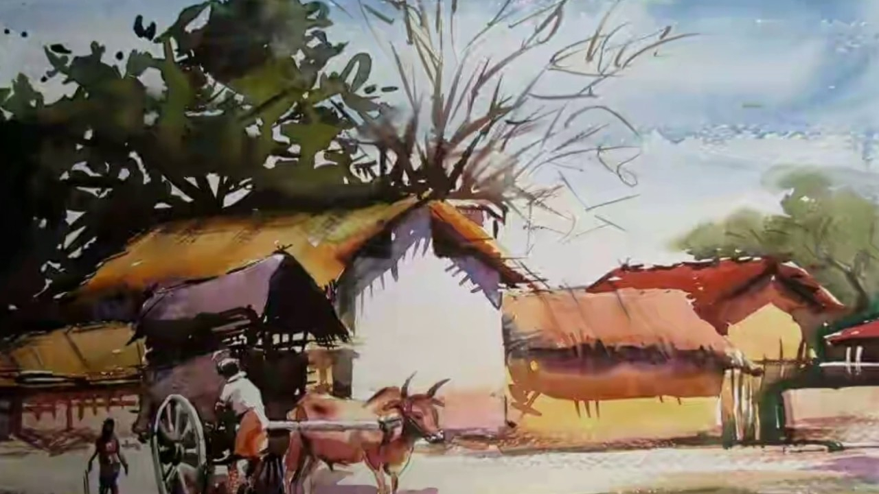 1280x720 Indian Village Watercolor Landscape Paintings Indian Watercolour