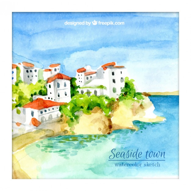 626x626 Background Of Watercolor Beautiful Seaside Village Vector Free