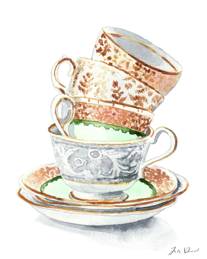 720x900 Teacups Collection Antique Watercolor Painting