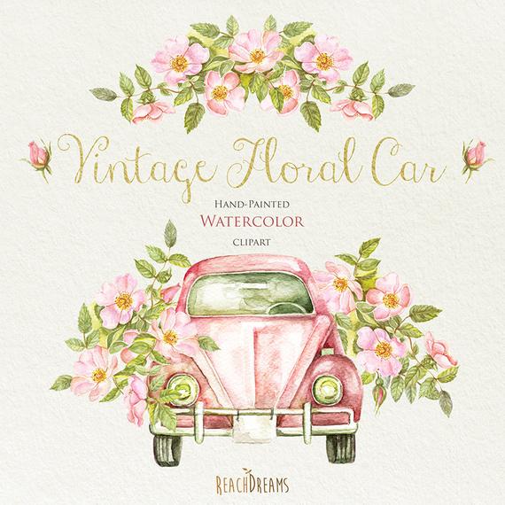 570x570 Watercolor Vintage Floral Car With Rustic Roses. Wedding Etsy