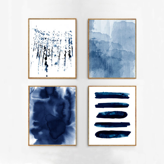 570x570 Abstract Watercolor Set Indigo Blue Wall Art Large Navy Prints