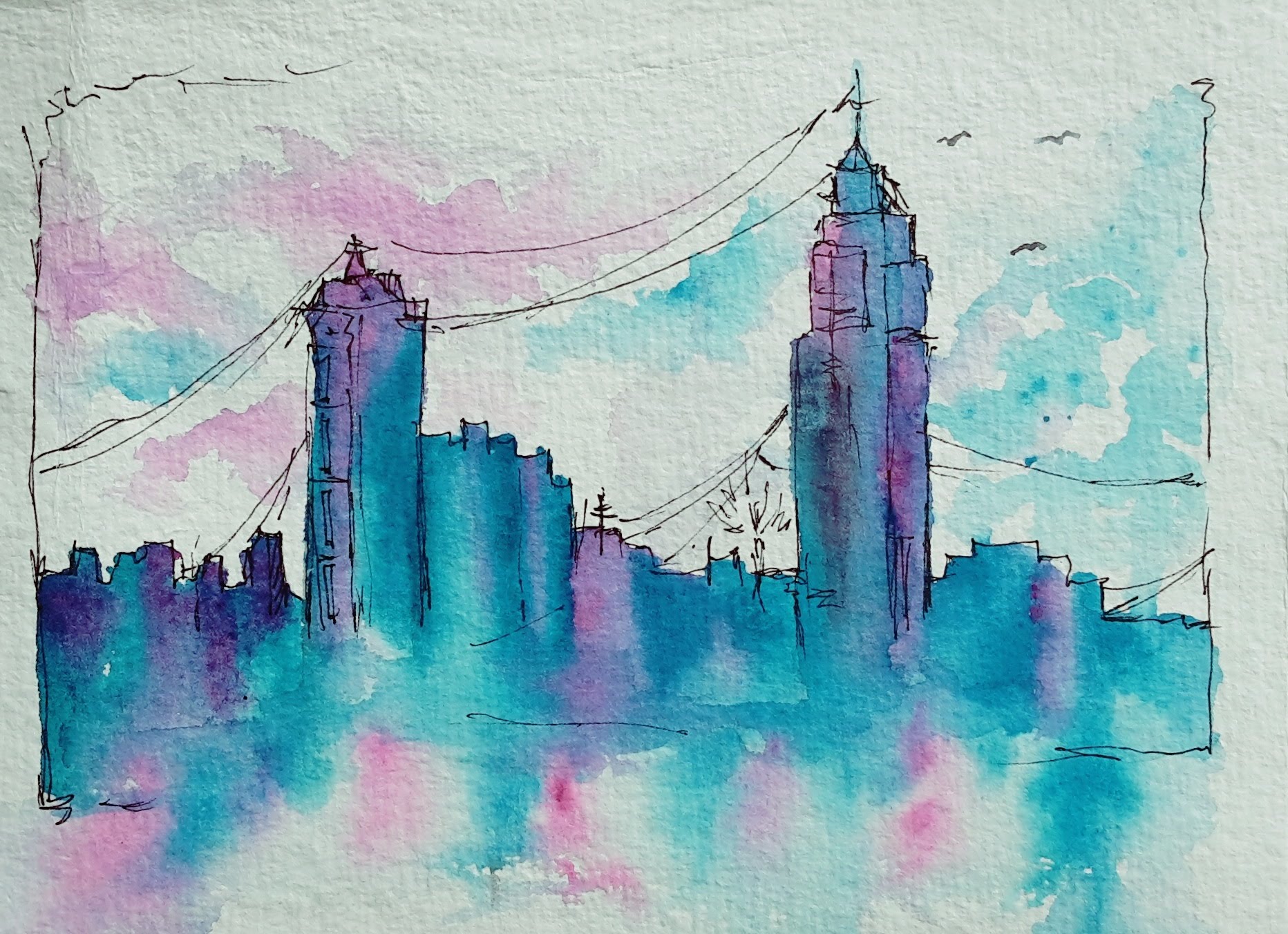 1864x1352 Pen And Watercolor Wash Buildings Landscape Painting By Saifi