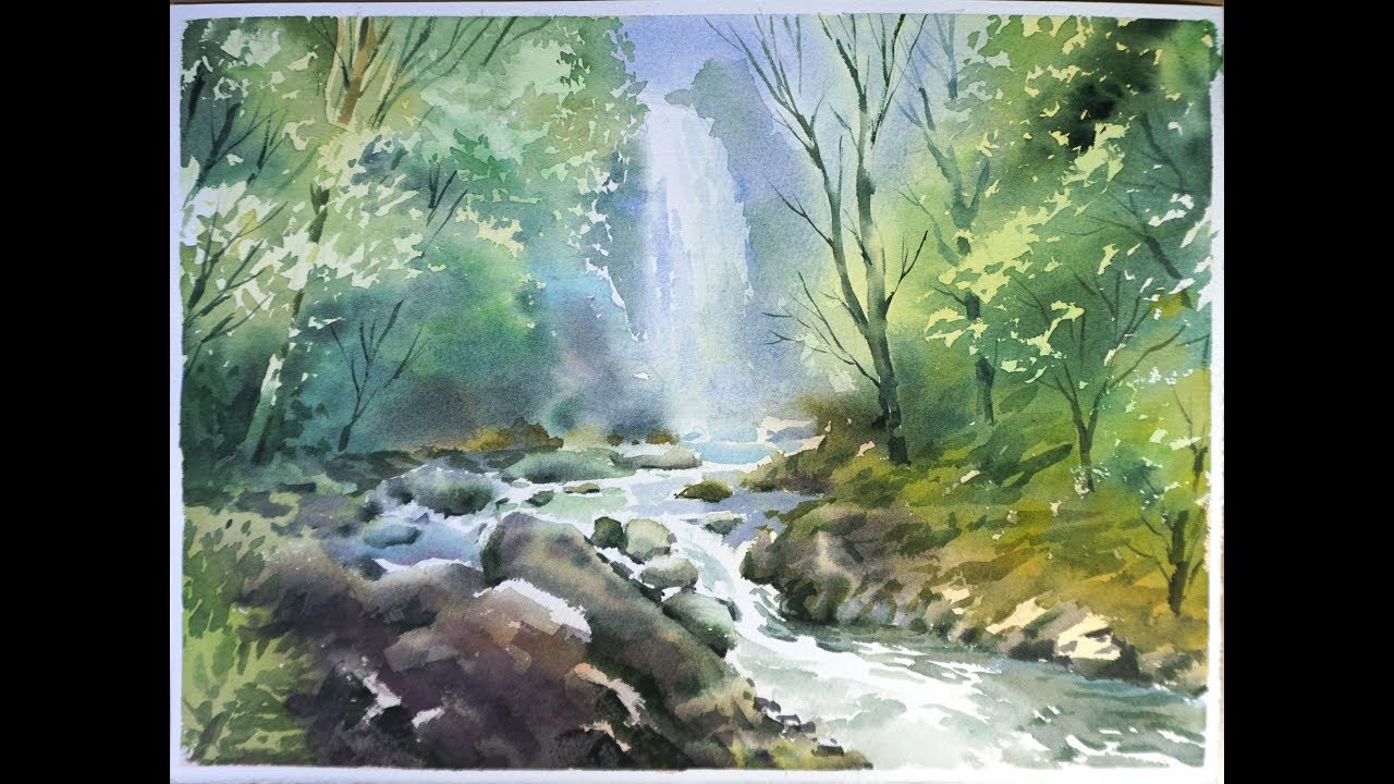 1280x720 Watercolor Landscape Painting Forest Waterfall