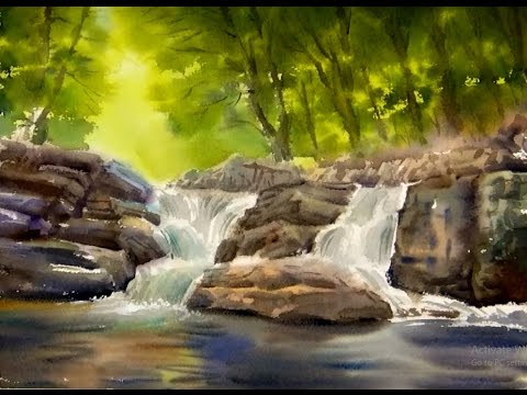 480x360 Watercolor Painting The Forest Waterfall