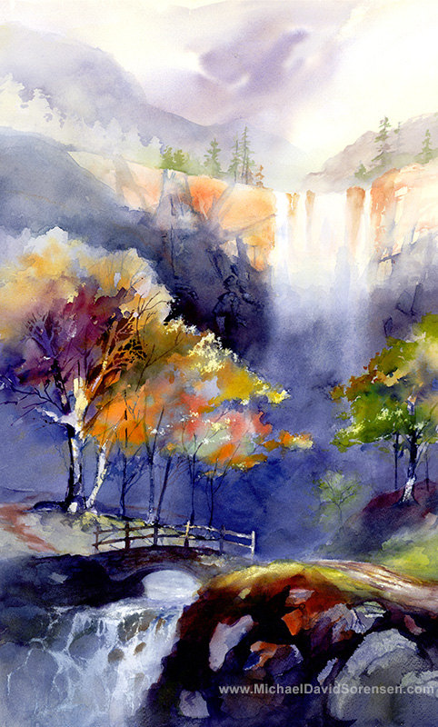 482x800 Waterfall Watercolor Landscape Painting Print By Michael David