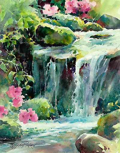 400x512 Julie Gilbert Pollard Watercolor Acquerello Waterfall Cascata