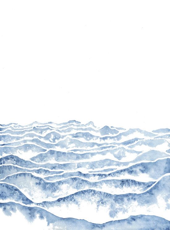 550x745 Original Watercolor Painting Gradient Blue Mountains Ocean Waves