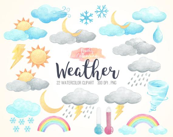 570x453 Buy 2 Get 1 Free Watercolor Weather Clip Art Sun Moon Clouds Etsy