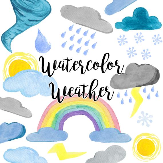 570x570 Watercolor Weather Clip Art Bright Sky Clip Art Thunder And Etsy