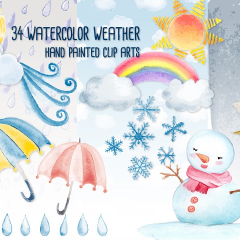 480x480 Watercolor Weather Clip Art Bundle By J Square Presents