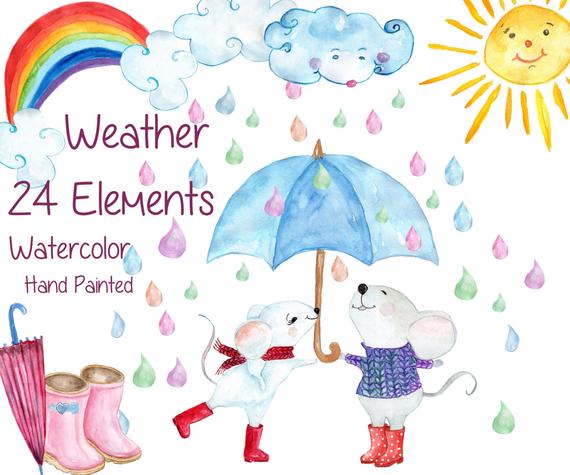 570x475 Watercolor Weather Clipart Weather Clip Art Mouse Etsy
