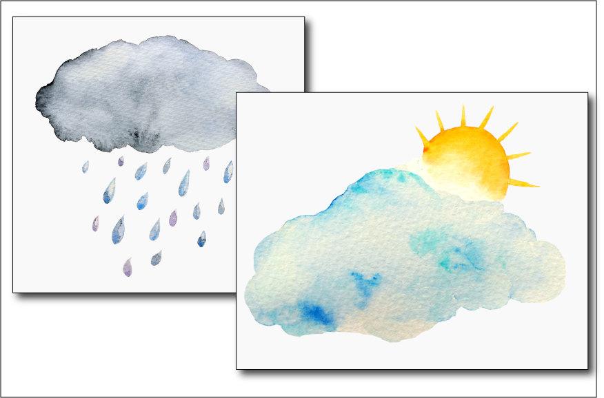 876x578 Weather Clipart, Watercolor Sun, Moon, Rain Drops, Cloud
