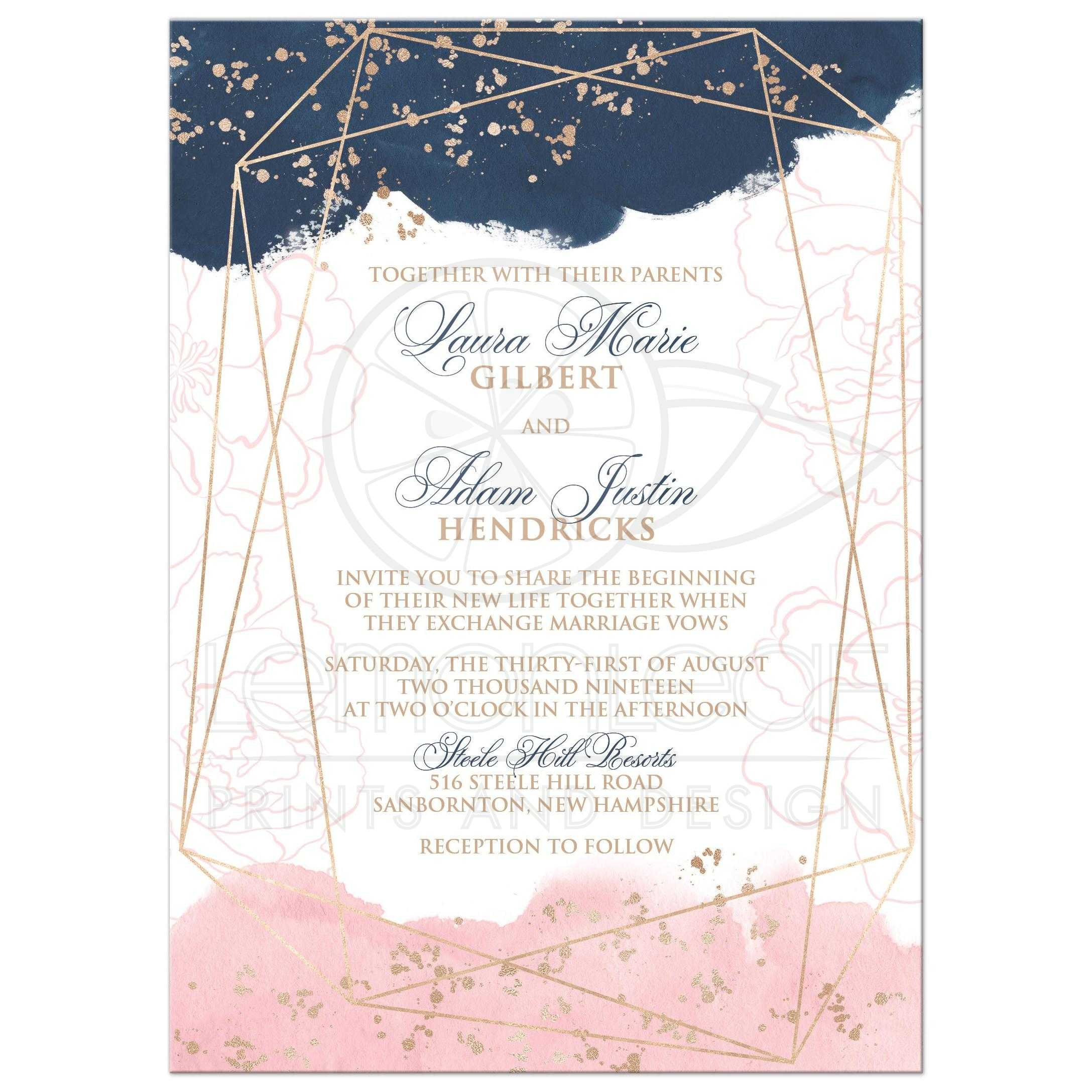 2175x2175 Navy, Pink, White Geometric Shape Watercolor Wedding Invitation