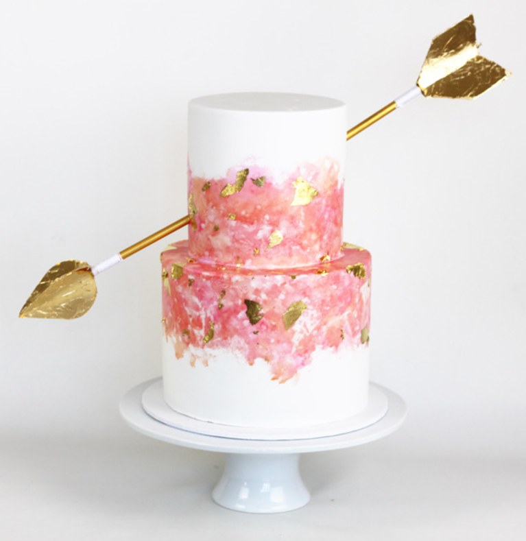 767x789 Watercolor Wedding Cake With Gold Arrow Brides