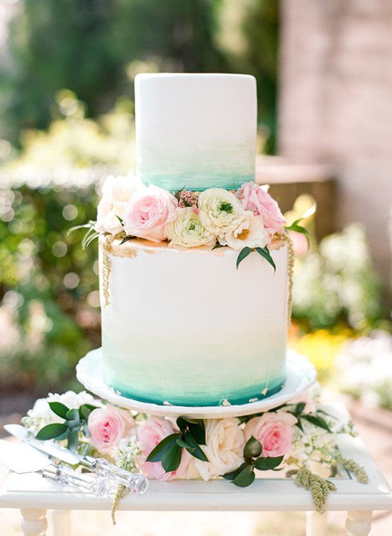 550x751 Teal And Gold Watercolor Wedding Cake Deer Pearl Flowers