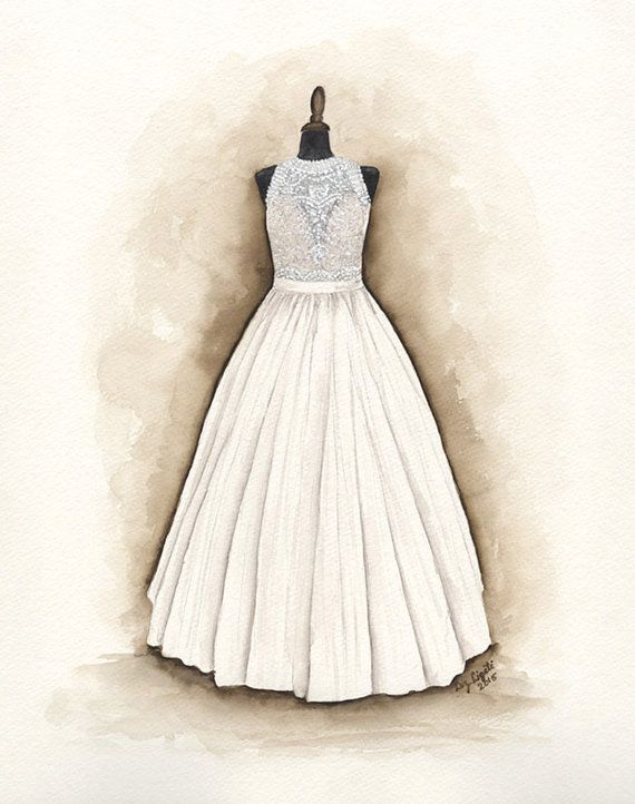 570x722 Wedding Dress Print, Watercolor, Bridal, Gift, Portrait