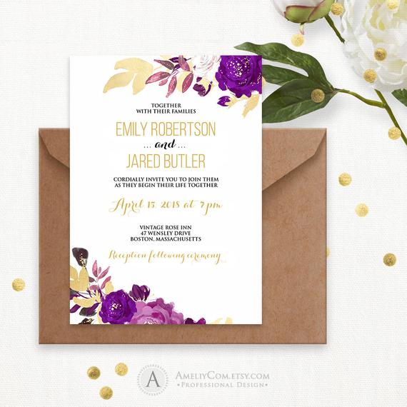 570x570 Gold Amp Purple Wedding Invitation Printable Watercolor Wedding Etsy