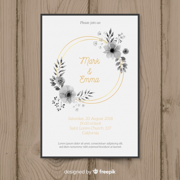 626x626 Watercolor Wedding Invitation Template With Golden Lines Vector