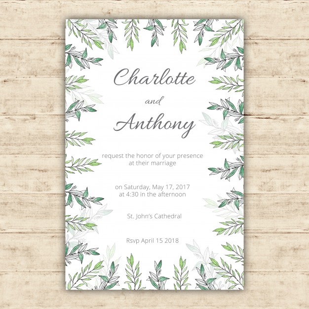 626x626 Watercolor Wedding Invitation Template With Green Leaves Vector