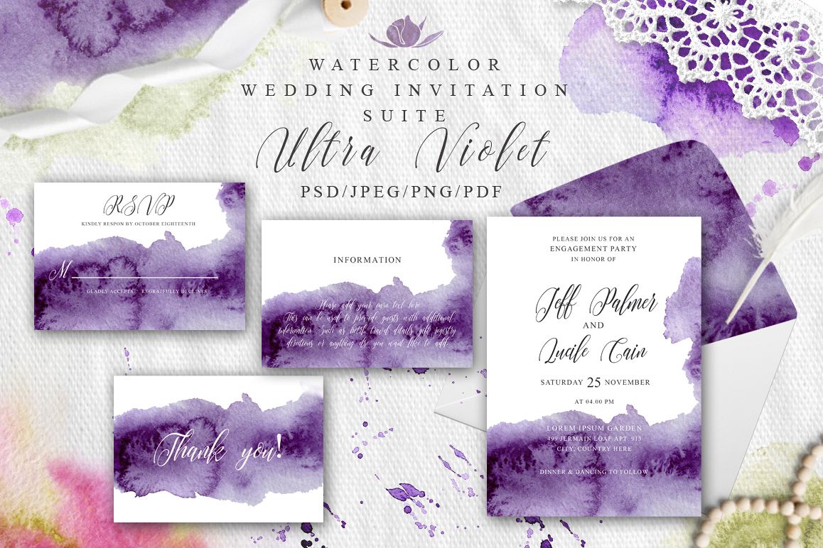 1158x772 Ultra Violet Watercolor Wedding Invitation Suite